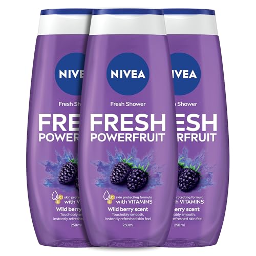 NIVEA Fresh Powerfruit Shower Gel Body Wash with Vitamins & Wild Berry Scent Moisturising Formula 3x250ml