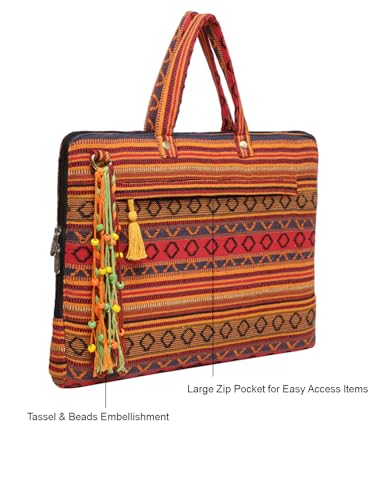 Image of The House of tara Office Laptop Bag for Women 13.3 And 15.6 Inch | Ideal For Office & Travel | Multicolour Embellished Handloom Fabric | MacBook Messenger Business Bag for ladies