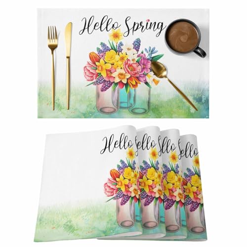 Colorful Floral Placemats for Dining Table Set of 4 Linen