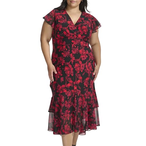 Image of Tommy Hilfiger Women's Flutter Sleeve V-Neck Ruffle Trim Hi-Lo Midi Dress