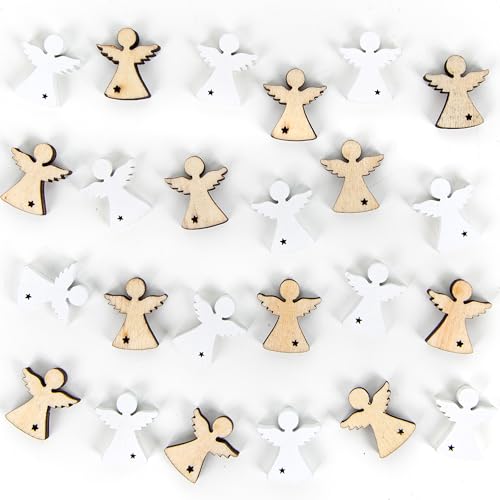 Logbuch-Verlag Angioletti Decorativi in Legno, Set 24 Pezzi: Mini Figure Natalizie Naturali e Bianche, Decorazioni Natale casa, addobbi per Tavolo avvento e Regali, Oggetti da 2 cm
