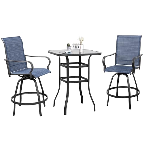 Shintenchi 3 Piece Patio Swivel Bar Stools Set, Outdoor Patio Bar Table and Chairs Set, All Weather Bar Height Chairs Set of 2, High Top Bistro Set Furniture for Balcony, Backyard, Garden, Deep Blue