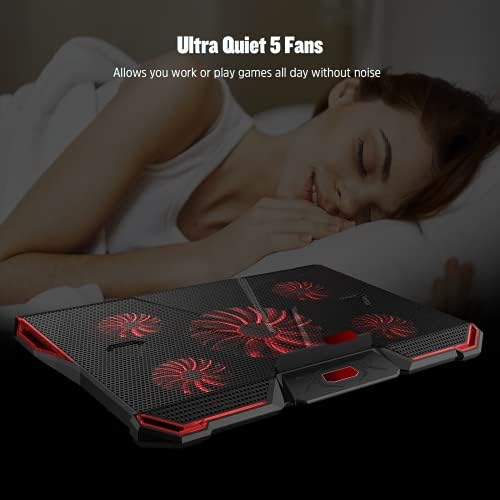 Laptop Cooling Pad, 12"-17" Laptop Cooler with 5 Quiet Fans Red LED Light, Gaming Laptop Cooling Stand Dual 2 USB Ports, Adjustable Height Angle, Ergonomic Design
