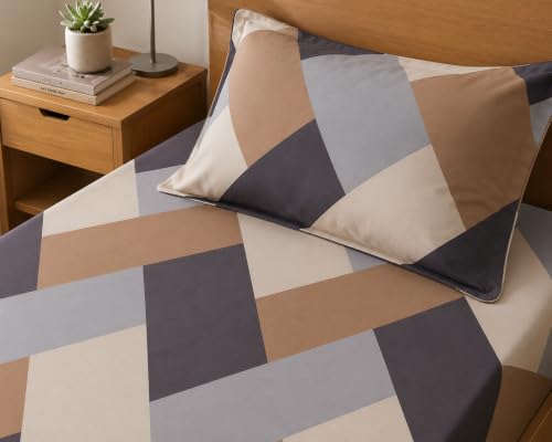 Image of LOOMLYFE Microfiber Soft Cotton Single Bed Bedsheet for Diwan Bed, Size 60 Inches X 90 Inches, 152 X 230 cm with 1 Large Size Pillow Covers Without Joint - BrownGreyCross