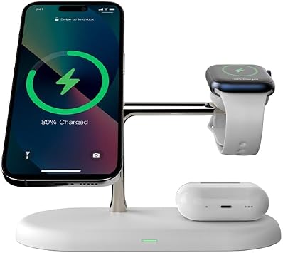 Timess Wirleless Charger, 3 in 1 Wireless Charging Station, 47% Faster for iPhone 16 15 14 13 12 Series,Apple Watch Airpods Charger Station Dimmable for Multiple Devices with Night Light