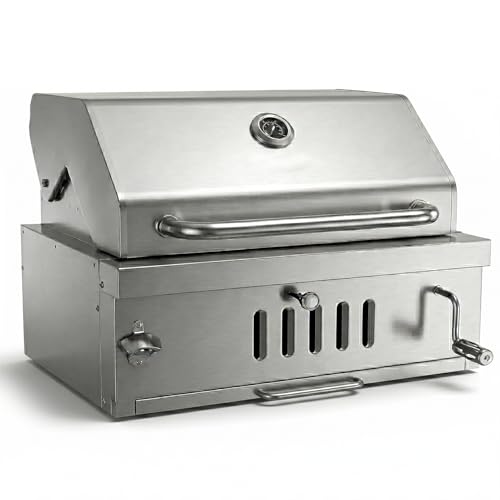 Built in Charcoal Grills for Outdoor Kitchen Island, Large Drop-in Barbecue Grill with Liftable Tray, Insulated Hood & Temp Gauge Heavy Duty Stainless Steel BBQ Grill for Family Parties Patio Cooking