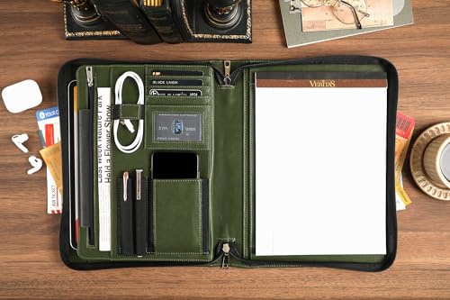 Personalized Leather Portfolio for Men, Business Padfolio with Zipper, Vegan Leather Folio with A4 Writing Pad Holder Organizer for Resume, Interview, Custom Portfolio - Green
