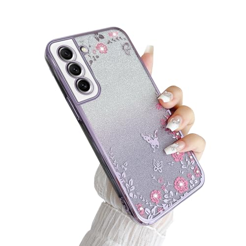 Image of for Samsung Galaxy S21 FE Case for Women Gradual Change Glitter Crystal Soft TPU Stylish Butterfly Floral Heart Clear Protective Cover with Strap for Samsung S21 FE (Purple)