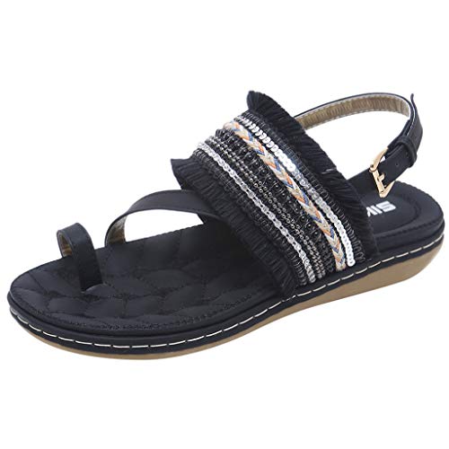 JJLIKER Womens Bohemian Vintage Pattern Braided Sandals Slip-On Ankle Strap Buckle Sandal Low