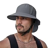 JOYART Surf Hat Bucket Beach Sun Hats with Chin Straps for Surfing,Boating,Riding,Fishing,Hiking,Watersports Men and Women,7cm Wide Stiff Brim-Dark Gray