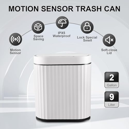 Image of jinligogo ELPHECO Plastic Touchless Trash Can, Small, Gold, Motion-Sensor, Rectangular, Bathroom, Bedroom, Kitchen, Office (White Black, 2 Gallons)