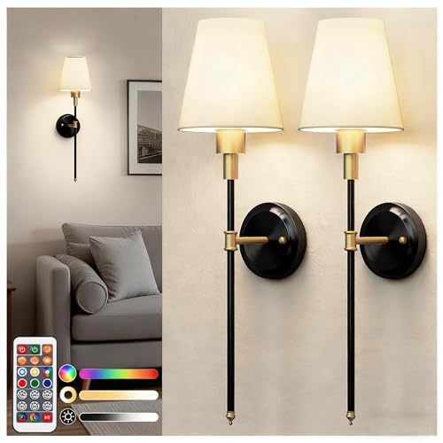 Image of DORESshop Battery Operated Wall Sconce Set of 2, Wireless Wall Light Easy to Install, 7 Color Rechargeable Wall Sconces, Sconce Wall Decor Set of 2 for Bedroom, Living Room, Gold and Black, 24.6in