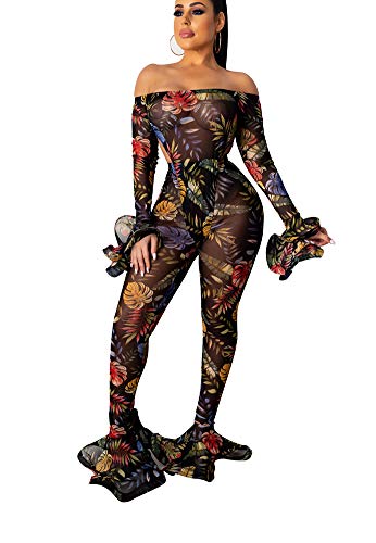 Sexy Two Piece Club Outfits for Women - Lace Mesh See Through Long Sleeve Bodysuit Tops + Long Pants Set Clubwear