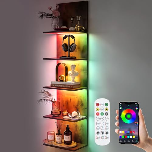 XIIW Wandregal mit RGB+IC-Beleuchtung, Bücherregal Hängend 5 Regale aus Holz mit APP und Fernbedienung, Wandregal Schmal Schminktisch Regal für Schlafzimmer, Wohnzimmer, 30x18x117 cm, Holzfarben
