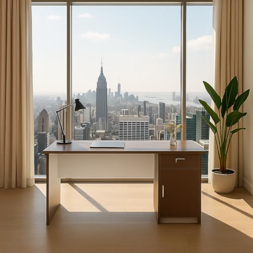 Image of Engineered Wood Office Table | 140 cm Single Workstation Desk with Drawer & Cabinet | Brown & Beige Laptop | Study | Computer Table for Home & Office Use
