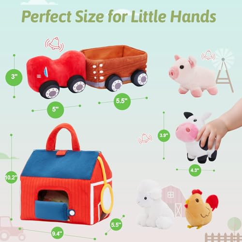 Image of OUOZZZ Farm Stuffed Animals Sensory Toys Set for Toddlers 9.4 inch Playhouse | Soft Sensory Tractor Plush, Animal Friends with Bell Sound, Activity Mat, Portable