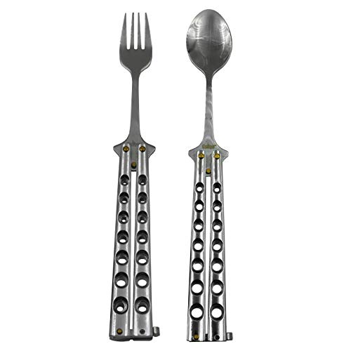 Caliber Gourmet Tactical Butterfly Knife Style Fork and Spoon Combo Pack -Folding Stainless Steel