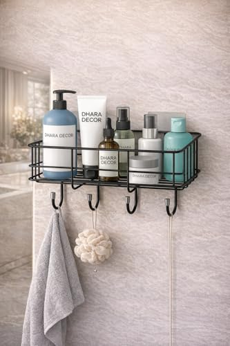 Image of Self Adhesive Multipurpose Bathroom Shelf and Kitchen Storage Rack Wall Mounted Towel Holder with Hooks Magic Sticker Bathroom Accessories Organizer Waterproof Rustproof Storage Shelves