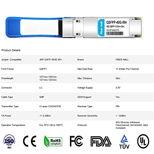Image of 40G QSFP+ IR4 for Juniper Networks JNP-QSFP-40GE-IR4,40GBASE-IR4 QSFP+ 1310nm CWDM4 2km LC SMF DDM Optical Transceiver Modul