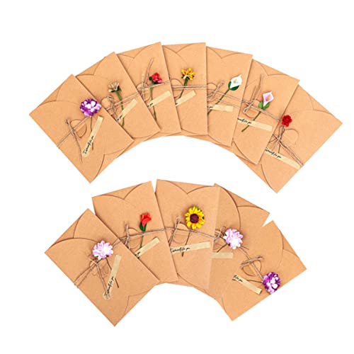 NUOBESTY 12 Piezas Tarjeta De Felicitación De Flores Secas Cajas Anniversary Fiesta Sobres Tarjetas De Bendición Del Festival Papel Kraft Tarjetas De Felicitación Flores Artificiales Brown