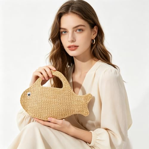 Bolso cruzado de ratán tejido forma pez beige miniatura 2