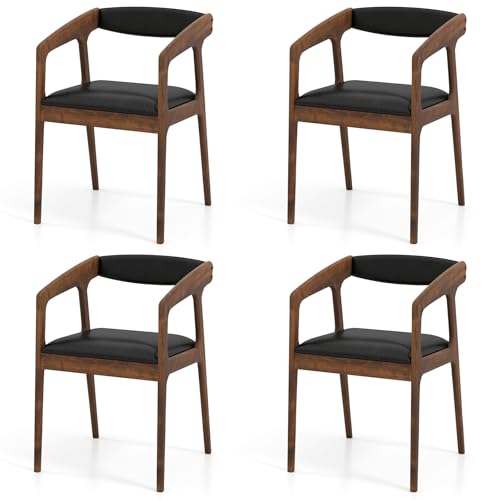 Image of COSTWAY Dining Chairs with Arms Set of 4, Mid Century Modern Wooden Accent Chairs with Faux Leather Seat & Padded Backrest, Kitchen Side Armchairs for Living Dining Reading Room, Brown & Black