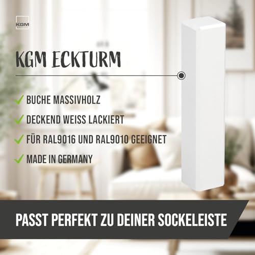 KGM 4x Eckturm Vorteilspack – Weiß lackierte Innen-, Außenecke oder Verbinder zwischen den Sockelleisten – Auch als Endkappe, Abschluss & Endstück geeignet – Maße: 21 x 21 x 95 mm – 4 Stück
