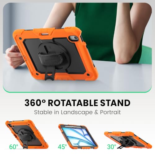 Image of SEYMAC Case for iPad Air 11 Inch M4 /M3 /M2 (2026 /2025 /2024), Orange | Heavy Duty Shockproof Protective, Built-in Screen Protector, 360 Rotating Stand, Hand /Shoulder Strap, Pencil Holder