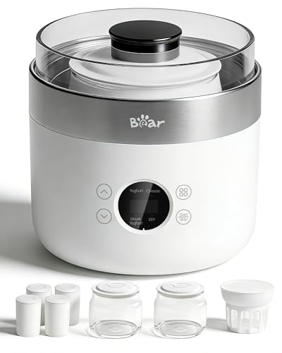 Bear Joghurtbereiter Joghurt- und Frischkäsebereiter, inkl. 4 Keramik Portionsbecher à 125 ml, 2 XXL Glasbehälter à 1 Liter, 4 voreingestellte Programme für Griechischer Joghurt, Käse