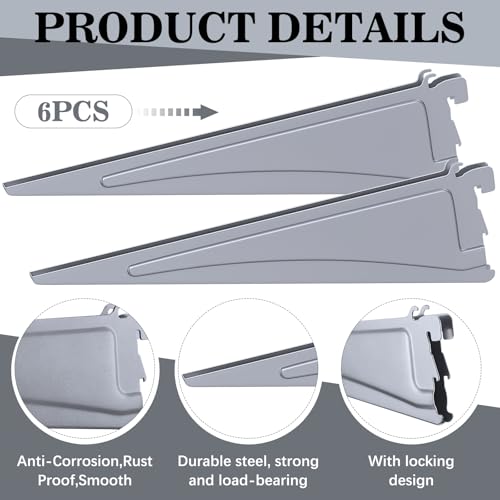 Image of Wonderjune 6 Pcs Adjustable Locking Shelf Bracket 16 Inch Shelf Brackets Heavy Duty Wire Shelving Brackets for Deep Wire Shelving Double Track System (Gray)