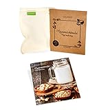 REINIGUNG - Der GOURMEO Nussmilchbeutel lässt sich einfach per Hand mit warmem Wasser reinigen. Bei starker Verschmutzung weichen Sie ihn in Wasser ein oder fügen etwas Essig zum Reinigen hinzu. Gelegentlich kann er auch in der Waschmaschine (bei 30°-40°) gereinigt werden.