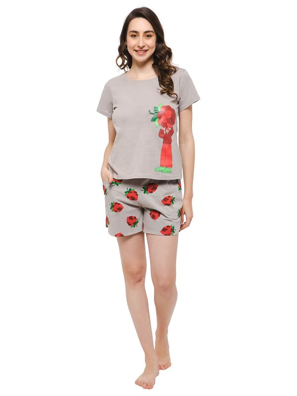 Image of Clovia Women's Cotton Tutti Fruity Top & Shorts Set in Grey