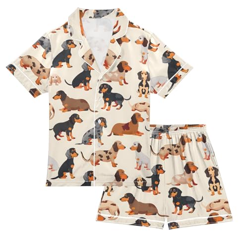 ALAZA Dachshund Dog Brown Satin Pajamas Set Short Sleeve Button Down Sleepwear Summer Pjs 2 Piece