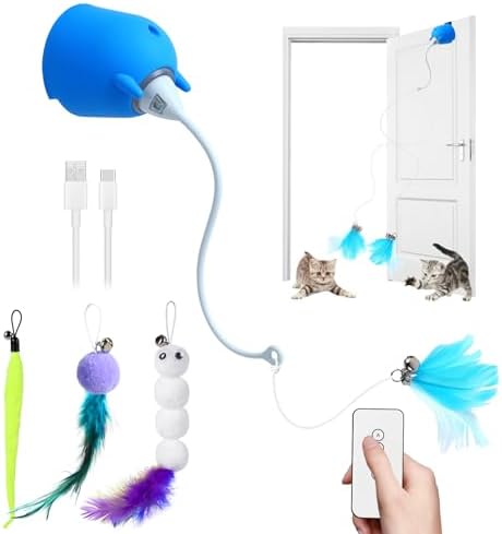 Cat Toys Interactive for Indoor Cats, Rechargeable Toy Hanging Door Electric with 4pcs Feathers Toys for Bored Kittens (Blue)
