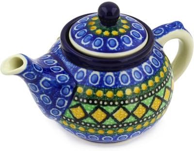 Polmedia Polish Pottery Tea or Coffee Pot UNIKAT - Stained Glass Window Pattern Handmade in Boleslawiec Poland by Ceramika Artystyczna + Certificate of Authenticity