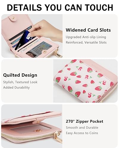 Image of Small Bifold Wallets Woman RFID Mini Wallet for Women Slim Card Holder with Zipper Coin Pocket & 2 ID Windows(Pink-Strawberry)
