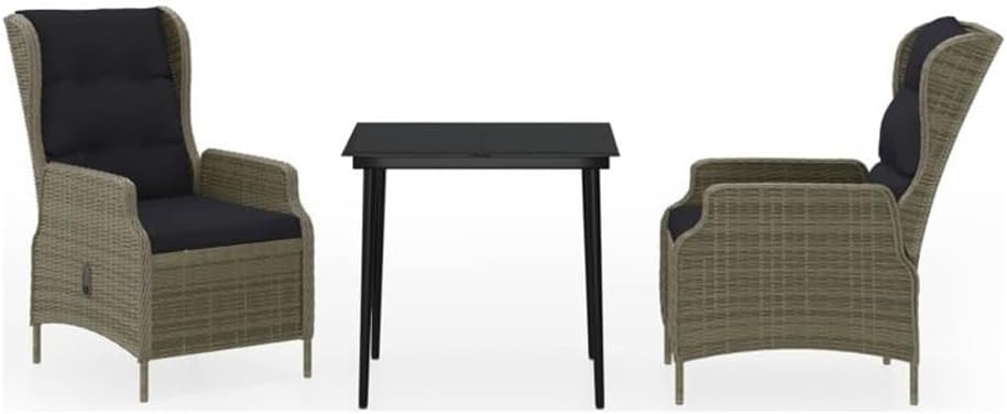 BOWERY HILL 3-Piece Garden Dining Set, Brown Poly Rattan and Powder-Coated Steel, Weather-Resistant Contemporary Outdoor Patio Furniture with Glass Table and Reclining Chairs for Balcony or Terrace