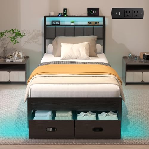 Image of Twin Bed Frames with Storage Drawer, Platform Bed with Charging Station and LED Lights, Upholstered Headboard with 2-Tier Storage Shelves, No Box Spring Needed