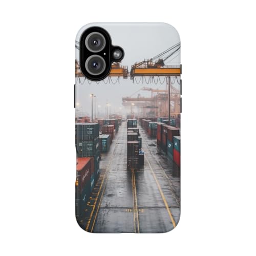Coque iPhone 16 Plus jaune motif conteneurs d'expédition et grues antichoc mat