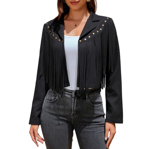UpFind Women's Fringe Faux Suede Leather Jackets Fashion Fall Western Tassel Motorcycle Cropped Open Front Coats with Rivets, Black/Medium