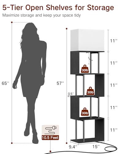 Image of 5-Tier Floor Lamp with Shelves & Remote, Dimmable S-Shaped Bookshelf with 3 Color Temperature, 1-Hour Timer, Tall Corner Standing Lamp for Living Room, Bedroom, Office (Black)