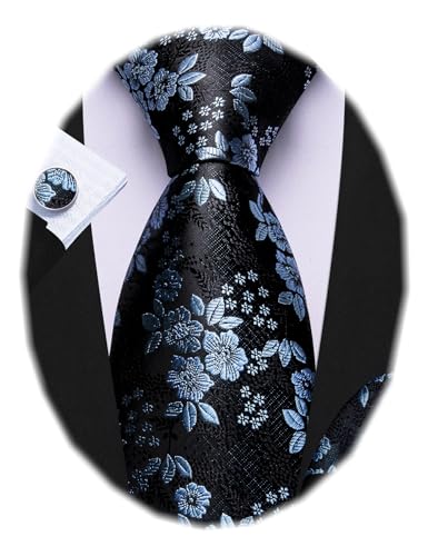 Image of Barry.Wang Flower Ties for Men Silk Woven Floral Tie Sets Necktie Handkerchief Cufflinks Wedding Party