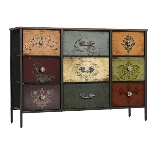 VASICAR Dresser for Bedroom with 9 Deep Fabric Drawers, Wide TV Stand Storage Cabinet, Colorful...