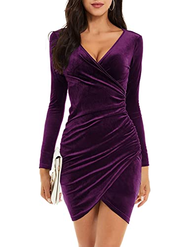 Niwicee Winterkleid Damen Kleid Festlich Partykleid,sexy Abendkleid Langarm Elegant V Ausschnitt Slim Cocktailkleid,Winter Samt Kleider Wickel...