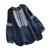 KQIVAM Leinenbluse Damen Sommer Musselin Tshirt Retro Große Größen Lang-Arm Oberteile mit Stickerei Muster Leinenhemd Baumwolle Leinen Lässig Tunika Locker Bluse Boho Tops Tuniken Sale Angebote