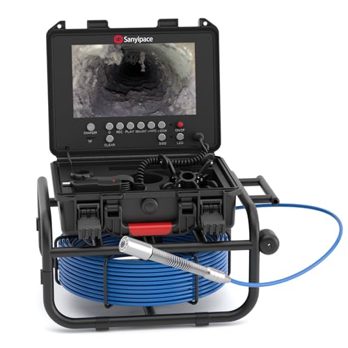 Image of Sanyipace Sewer Camera 100FT /30M, 512Hz Sonde, Self-Leveling Drain Camera, Distance Counter, 5X Zoom, Video & Voice Recorder, 9 inch Screen Sewer Pipe Camera for Plumber, Plumbing Camera with 12PCS LEDs