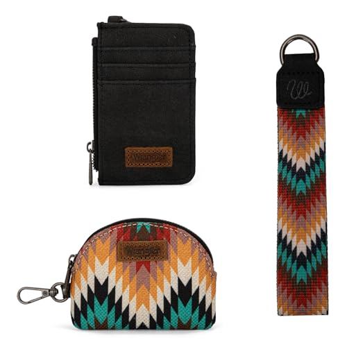 Image of Wrangler Aztec Keychain Wristlet Wallets for Women Western Dual Pouch Wristlet Credit Card Holder Wallet with Zipper Pocket WG2211-W0051BK