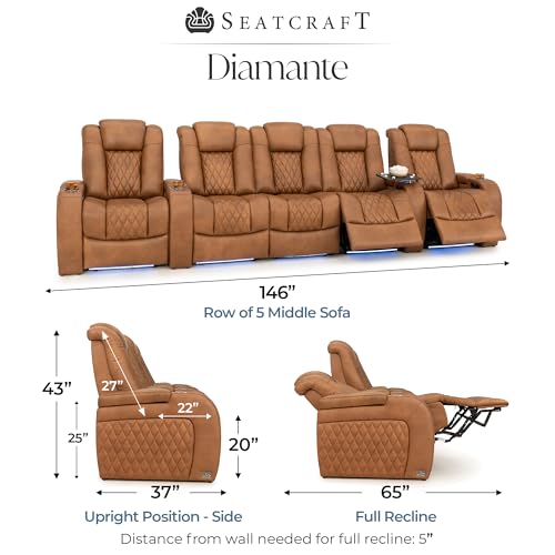 Image of Seatcraft Diamante Tawny Italian Leather Home Theater Seating, Zero Gravity Power Recliner Gaming and Home Office Chair, Powered Headrest Lounge Sofa Furniture for Cinema Room, Row of 5 Middle Sofa