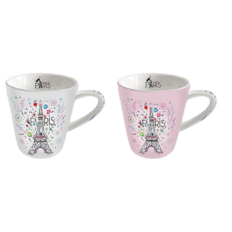 KIUB Set de 2 mini tasses Paris Tour Eiffel - motif Tour eiffel en fleurs - porcelaine fine et hauteur 7,5CM - boite assortie