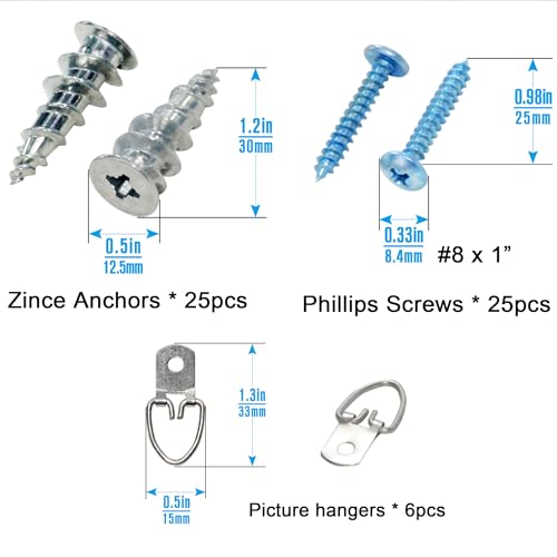 Ansoon Self-Drilling Hollow Metal Stud Wall Anchors with Screw Kit for Drywall Heavy Duty, -25 Heavy Duty Wall Anchor, 25 Tapping Mount Screws, 6 D Ring Picture Hangers